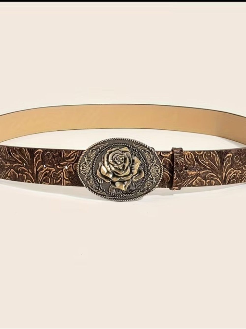 Western Embossed Rose Buckle Belt Brown Medium